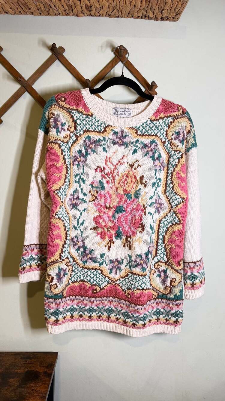 Vintage 90s Reference Point Floral Knit Ramie Cotton Pullover Sweater Large